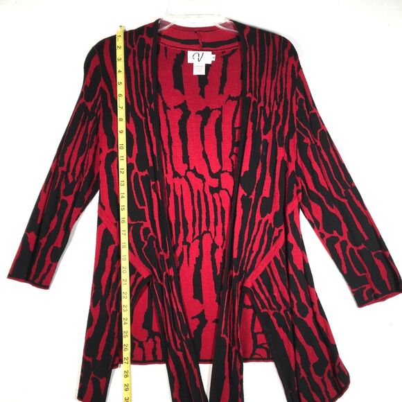 Variations Womens Size Medium Open Front Red Black Light Knit Cardigan Sweater - Picture 7 of 14